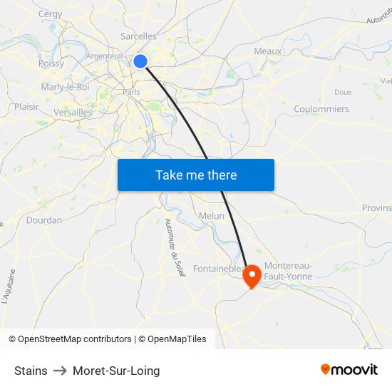 Stains to Moret-Sur-Loing map