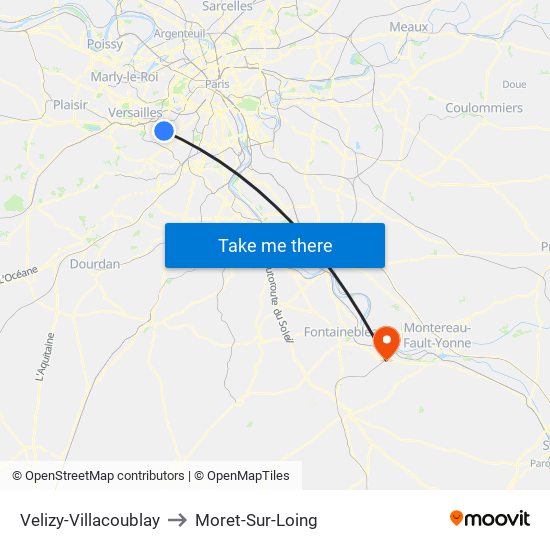 Velizy-Villacoublay to Moret-Sur-Loing map