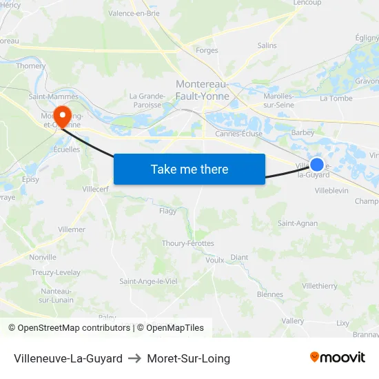 Villeneuve-La-Guyard to Moret-Sur-Loing map