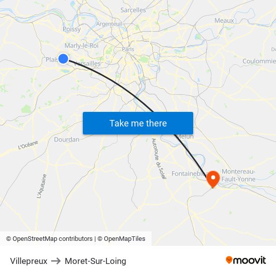 Villepreux to Moret-Sur-Loing map