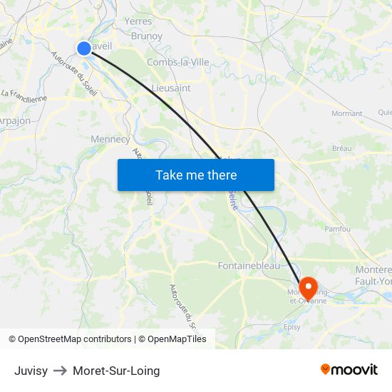 Juvisy to Moret-Sur-Loing map