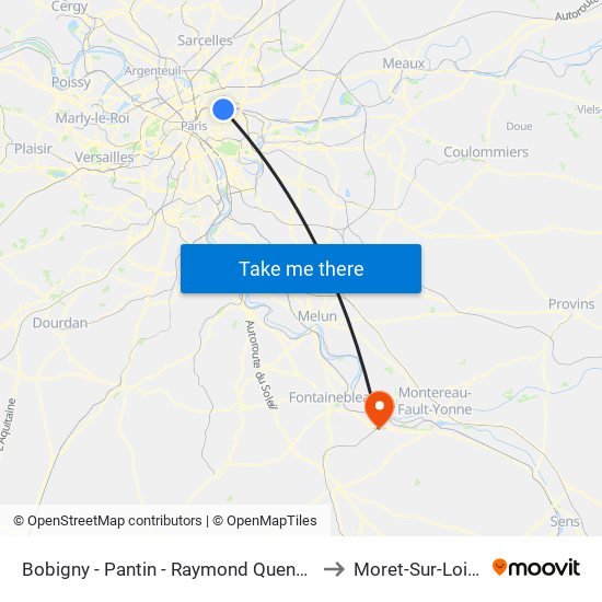 Bobigny - Pantin - Raymond Queneau to Moret-Sur-Loing map