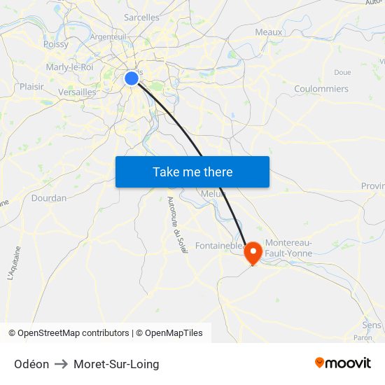 Odéon to Moret-Sur-Loing map