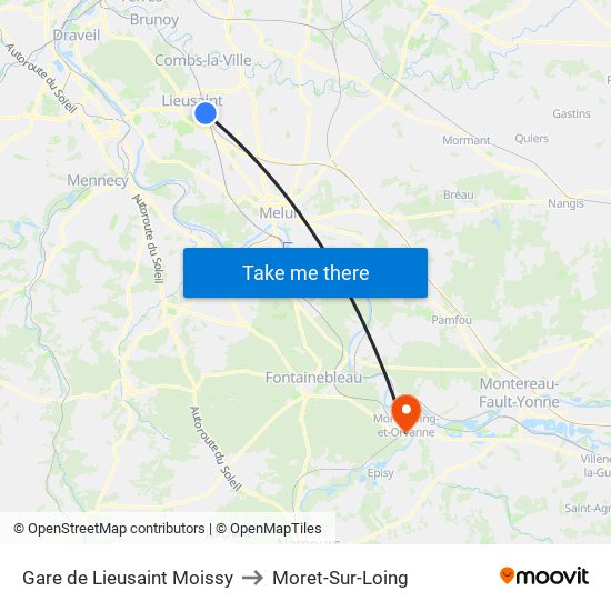Gare de Lieusaint Moissy to Moret-Sur-Loing map