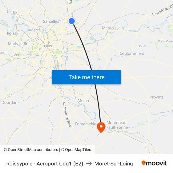 Roissypole - Aéroport Cdg1 (E2) to Moret-Sur-Loing map