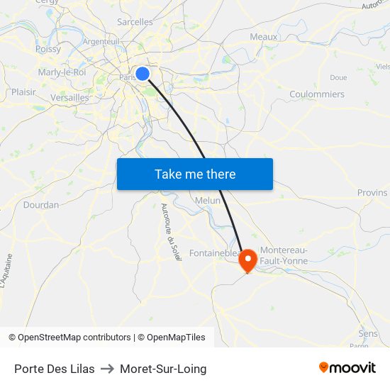 Porte Des Lilas to Moret-Sur-Loing map