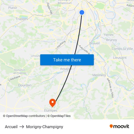 Arcueil to Morigny-Champigny map
