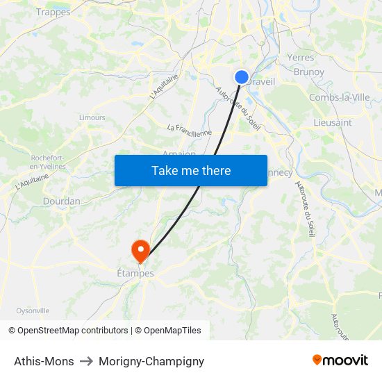 Athis-Mons to Morigny-Champigny map