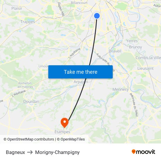 Bagneux to Morigny-Champigny map