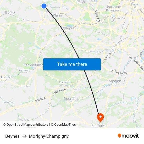 Beynes to Morigny-Champigny map