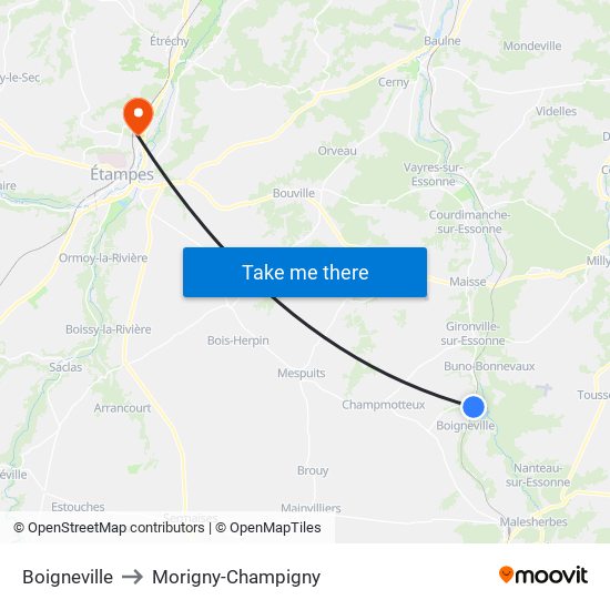 Boigneville to Morigny-Champigny map