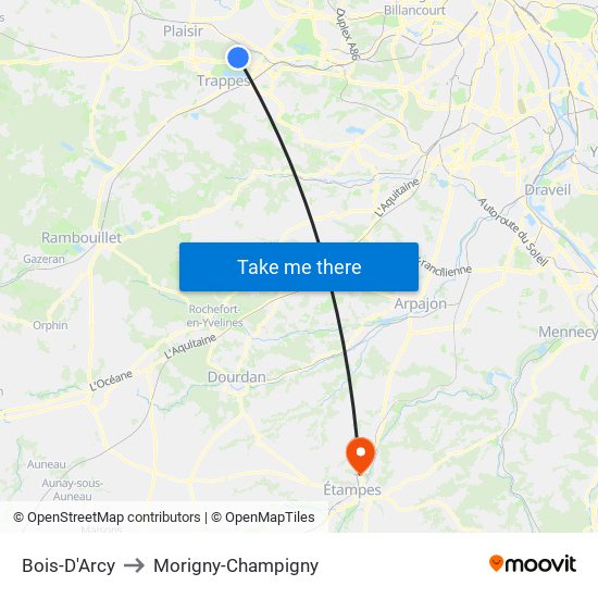 Bois-D'Arcy to Morigny-Champigny map