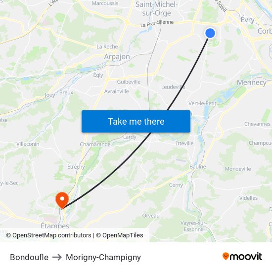 Bondoufle to Morigny-Champigny map