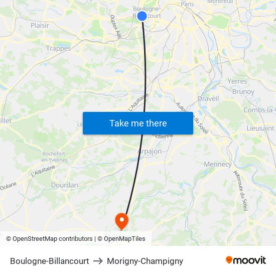 Boulogne-Billancourt to Morigny-Champigny map