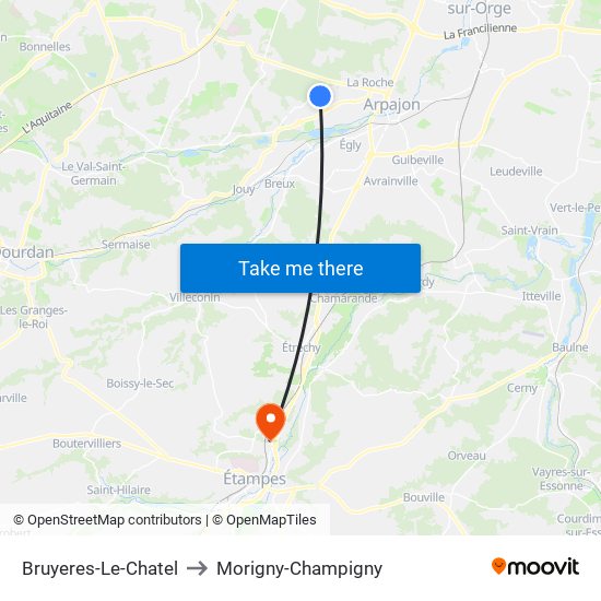 Bruyeres-Le-Chatel to Morigny-Champigny map