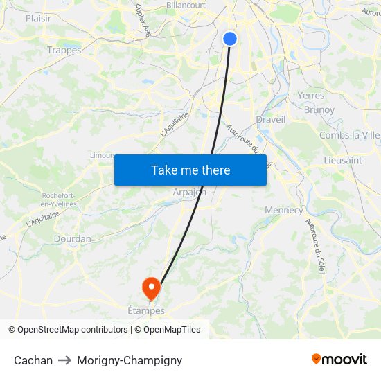 Cachan to Morigny-Champigny map