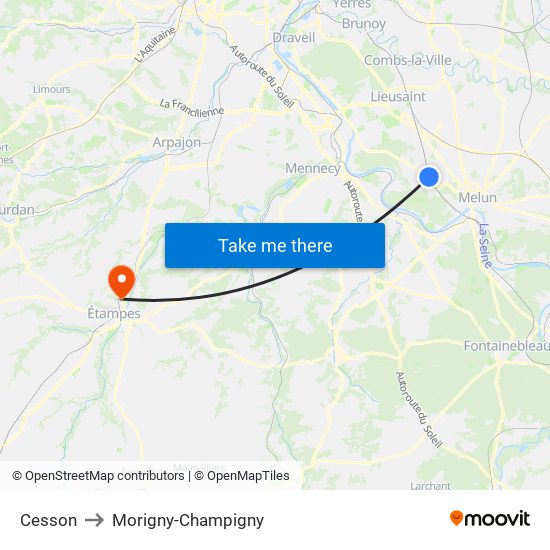 Cesson to Morigny-Champigny map