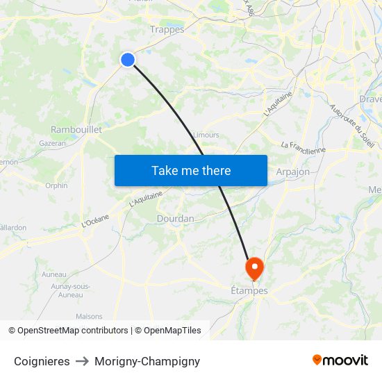 Coignieres to Morigny-Champigny map