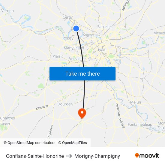 Conflans-Sainte-Honorine to Morigny-Champigny map