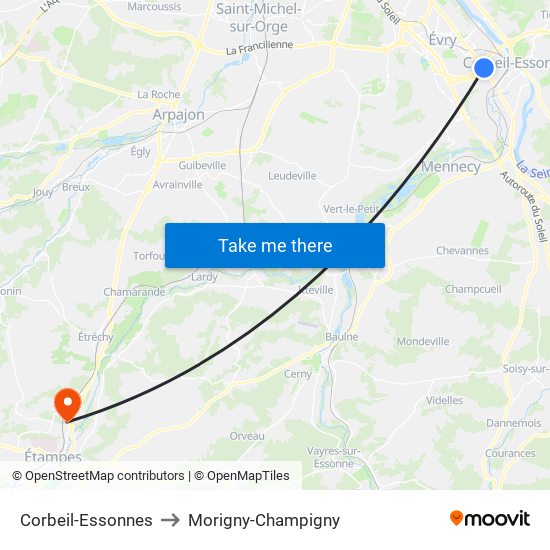 Corbeil-Essonnes to Morigny-Champigny map