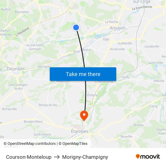 Courson-Monteloup to Morigny-Champigny map