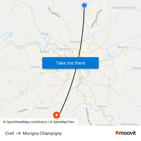 Creil to Morigny-Champigny map