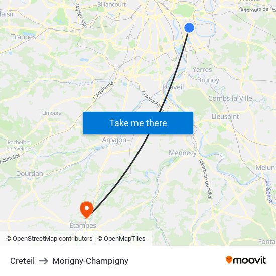 Creteil to Morigny-Champigny map