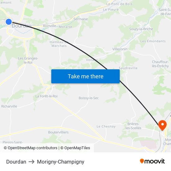 Dourdan to Morigny-Champigny map