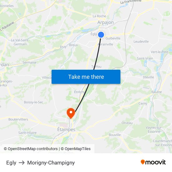 Egly to Morigny-Champigny map