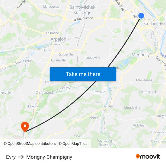 Evry to Morigny-Champigny map