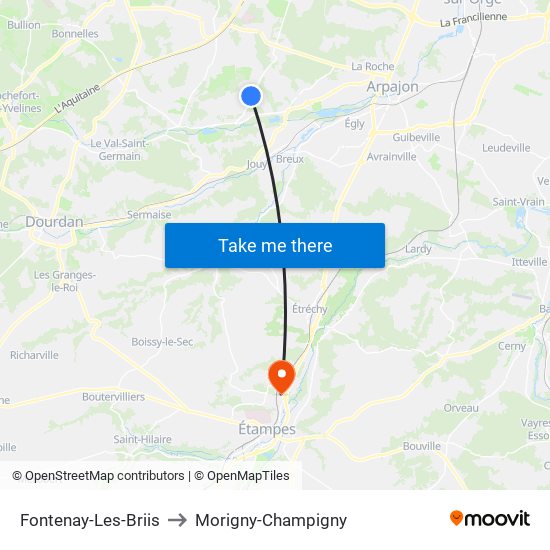 Fontenay-Les-Briis to Morigny-Champigny map