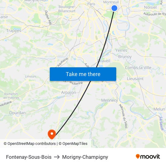 Fontenay-Sous-Bois to Morigny-Champigny map