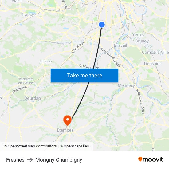 Fresnes to Morigny-Champigny map