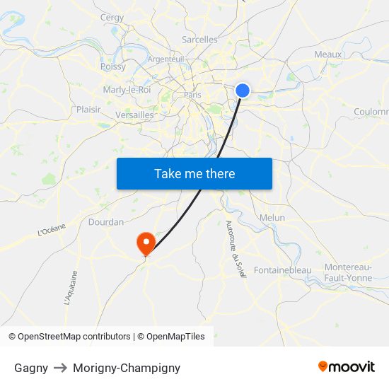 Gagny to Morigny-Champigny map