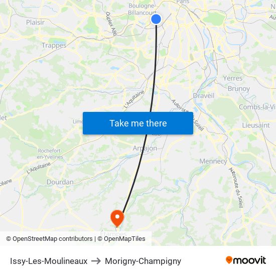 Issy-Les-Moulineaux to Morigny-Champigny map