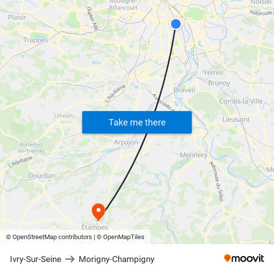 Ivry-Sur-Seine to Morigny-Champigny map