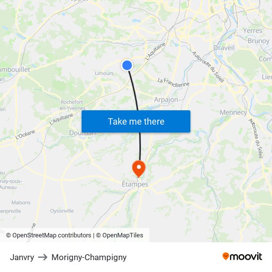 Janvry to Morigny-Champigny map