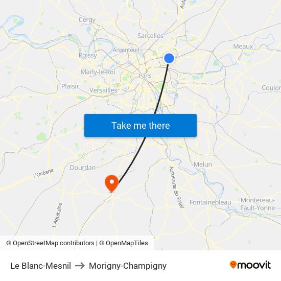 Le Blanc-Mesnil to Morigny-Champigny map