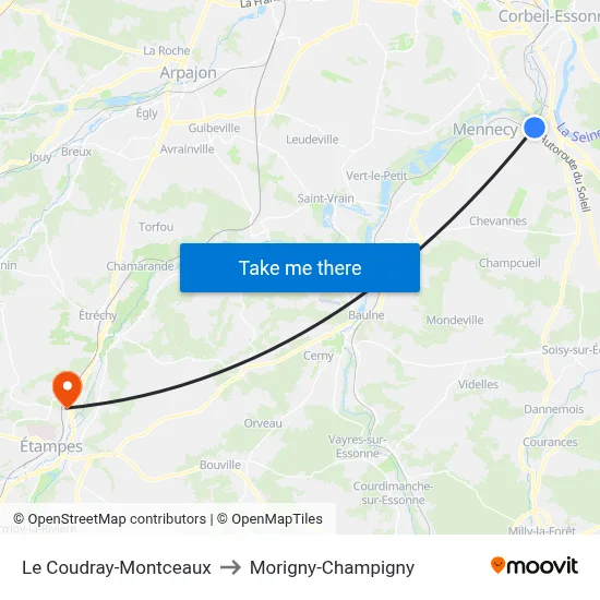 Le Coudray-Montceaux to Morigny-Champigny map