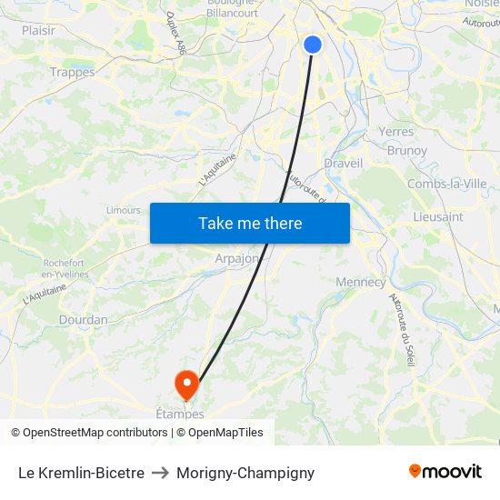 Le Kremlin-Bicetre to Morigny-Champigny map