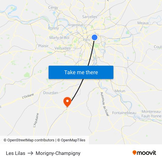 Les Lilas to Morigny-Champigny map