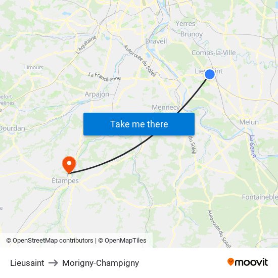 Lieusaint to Morigny-Champigny map