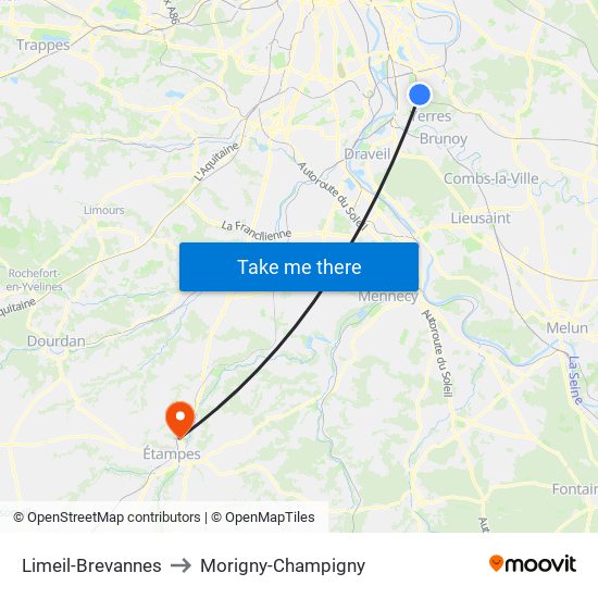 Limeil-Brevannes to Morigny-Champigny map