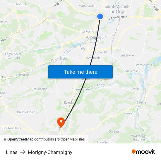 Linas to Morigny-Champigny map