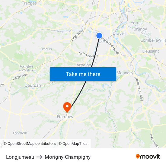Longjumeau to Morigny-Champigny map