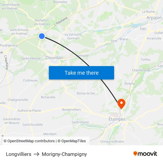 Longvilliers to Morigny-Champigny map