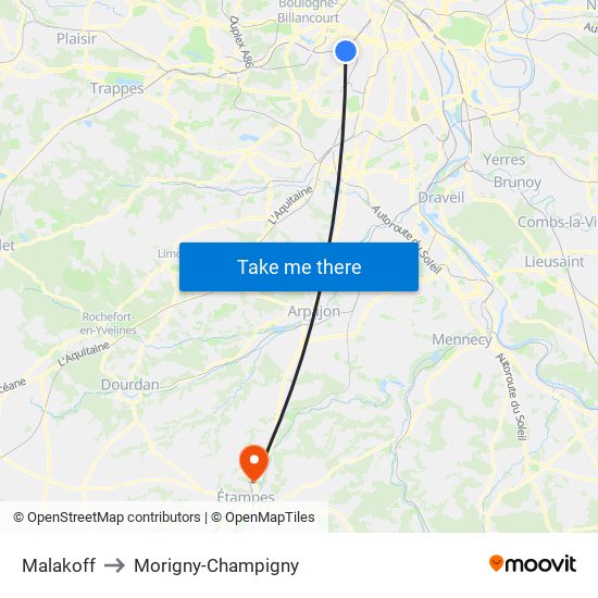 Malakoff to Morigny-Champigny map