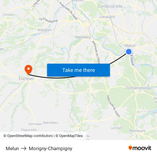 Melun to Morigny-Champigny map