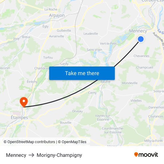 Mennecy to Morigny-Champigny map