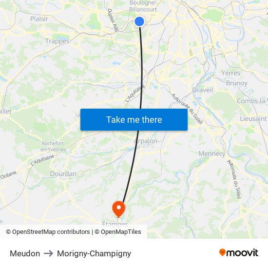 Meudon to Morigny-Champigny map